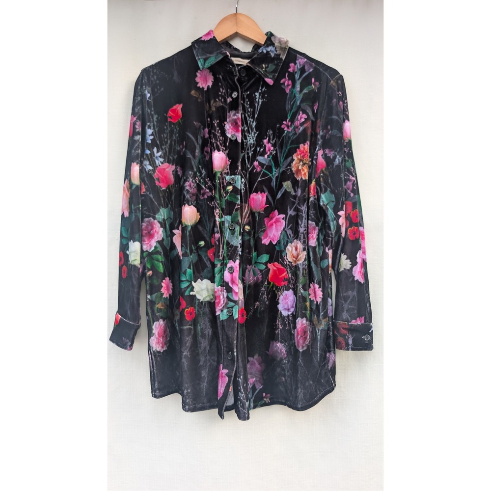 Soft Surroundings Button Down Top Womens PXL Black Velvet Whimsigoth Floral